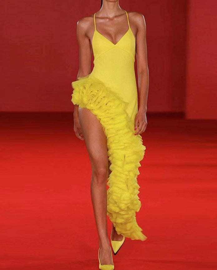 Women's Yellow  V-neck Asymmetric Ruffle Edge Long Evening Dress