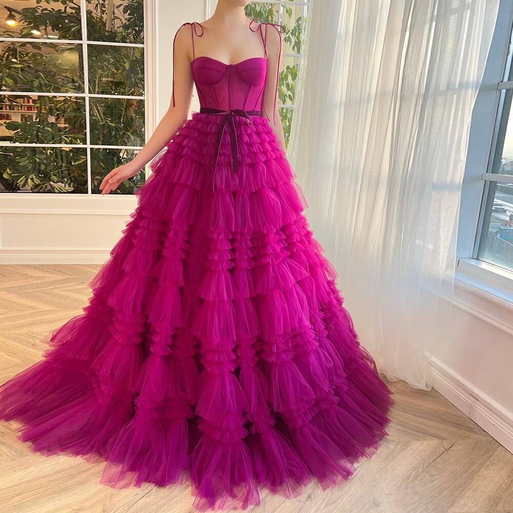 Ruffles Tulle Spaghetti Straps Tiered V-Neck Pleated Prom Dress