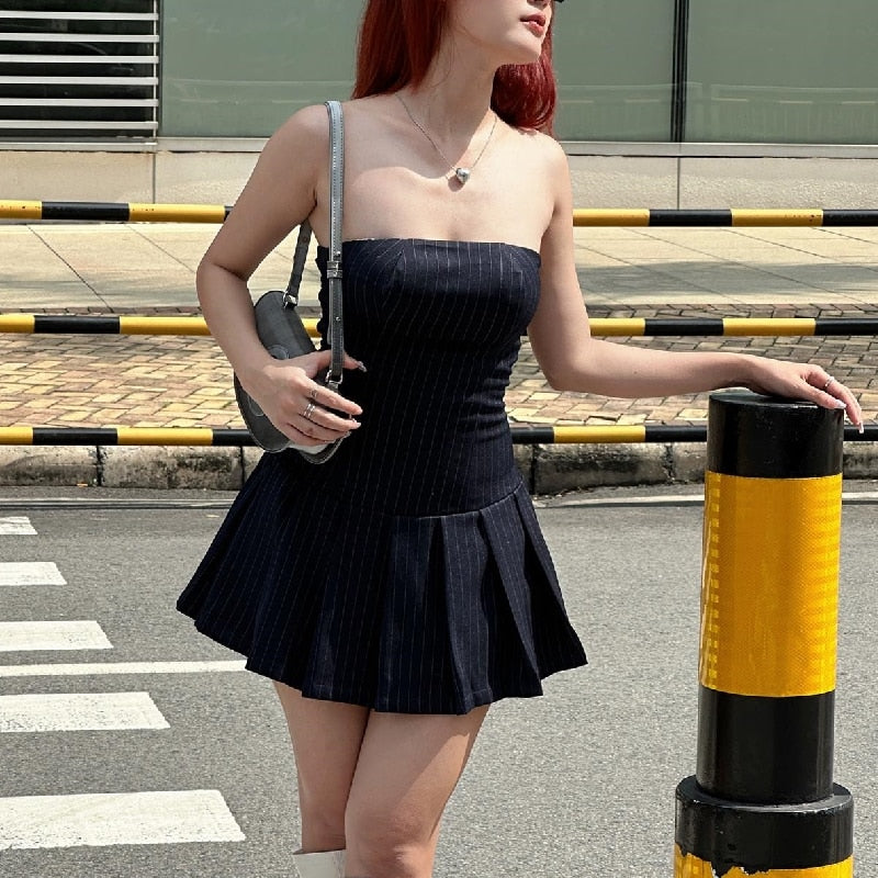 A-line Women Streetwear Slash-neck Pleated Mini Dress