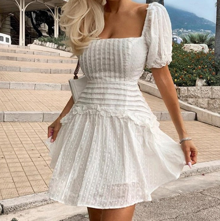 White Ruffle Back Lace Up Puff Sleeve Pleated Mini Dress