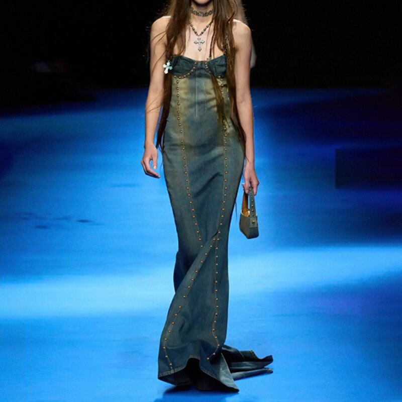 Denim Tube Trumpet Floor-Length Dress