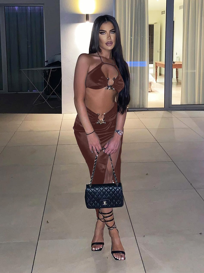 Satin Lace Up Crop Top & Side Slit Midi Skirt Set