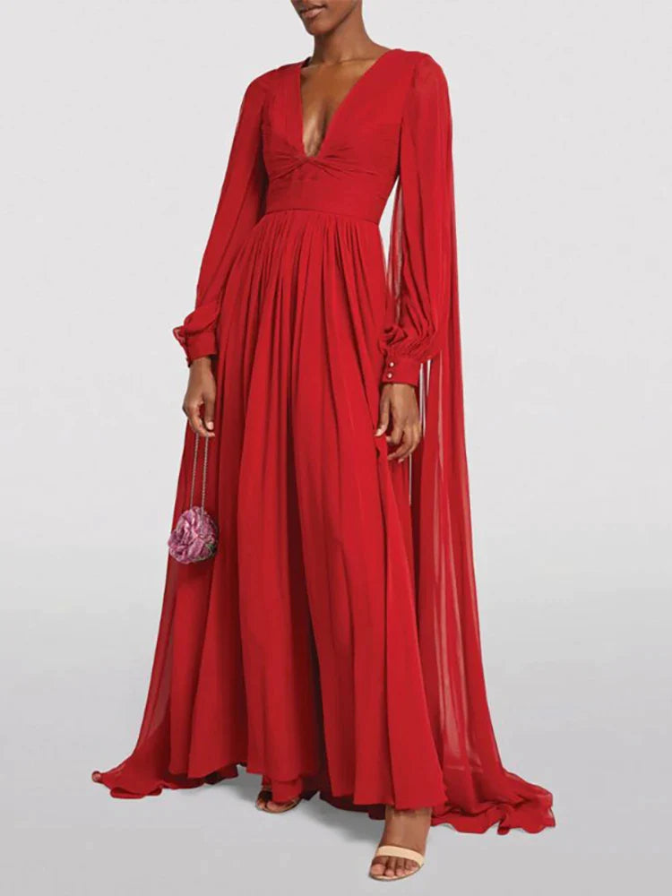 Red Dress V-neck Long Sleeve Hollow Out Pleated Maxi Dress