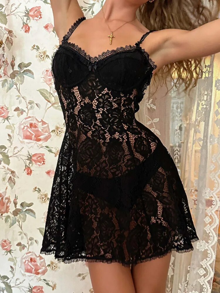 Lace See Through A-line Slip Mini Backless Dress