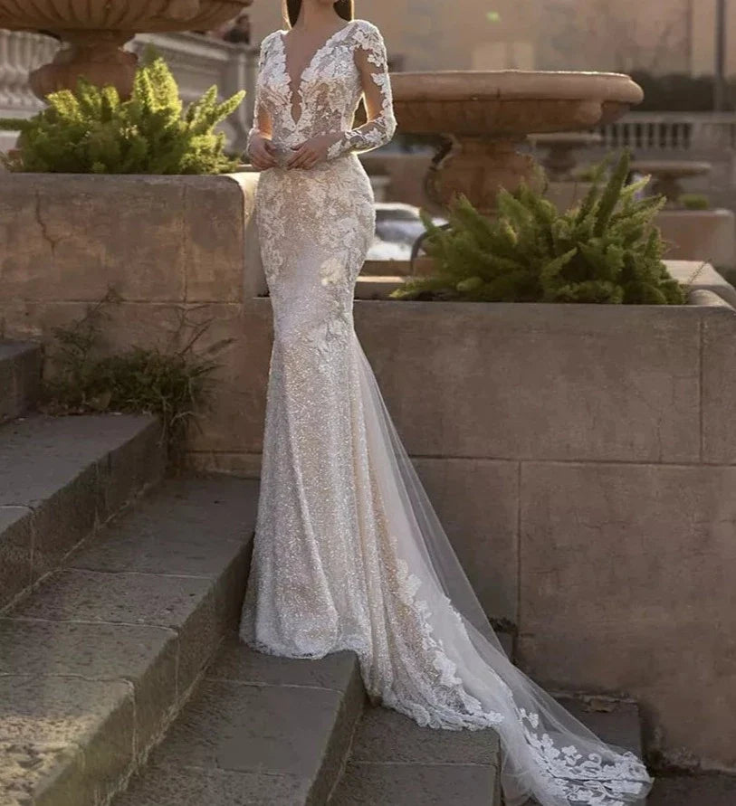 Lace Sequins Mermaid Wedding Dress Sweep Train Bride Gown