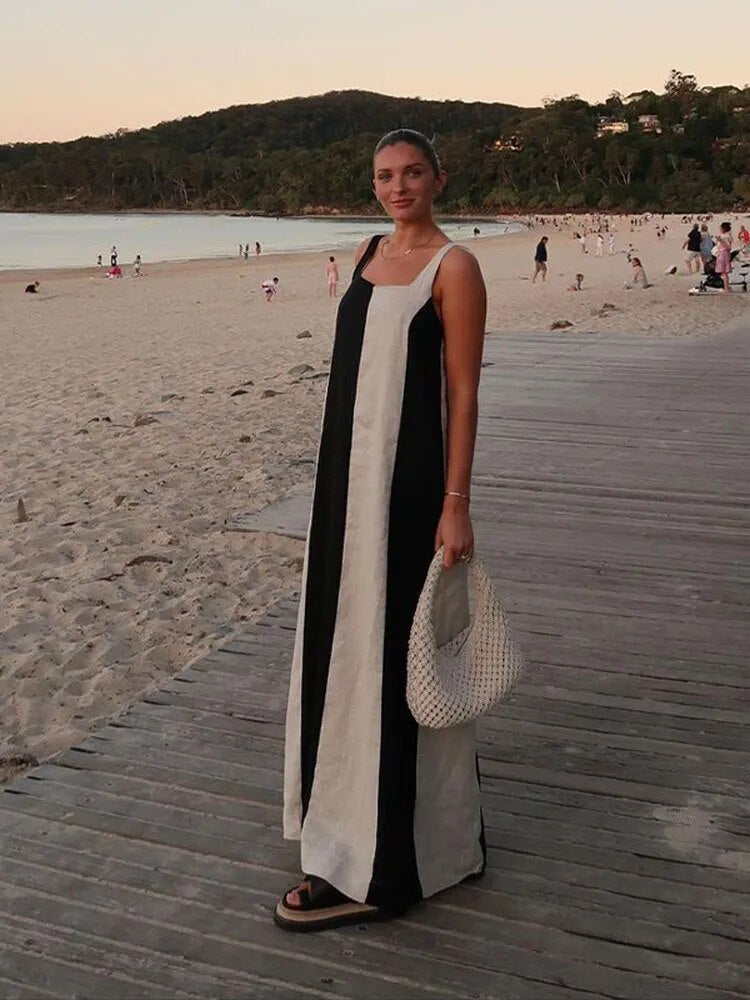 Black White Patchwork Backless Square Neck Maxi Dress