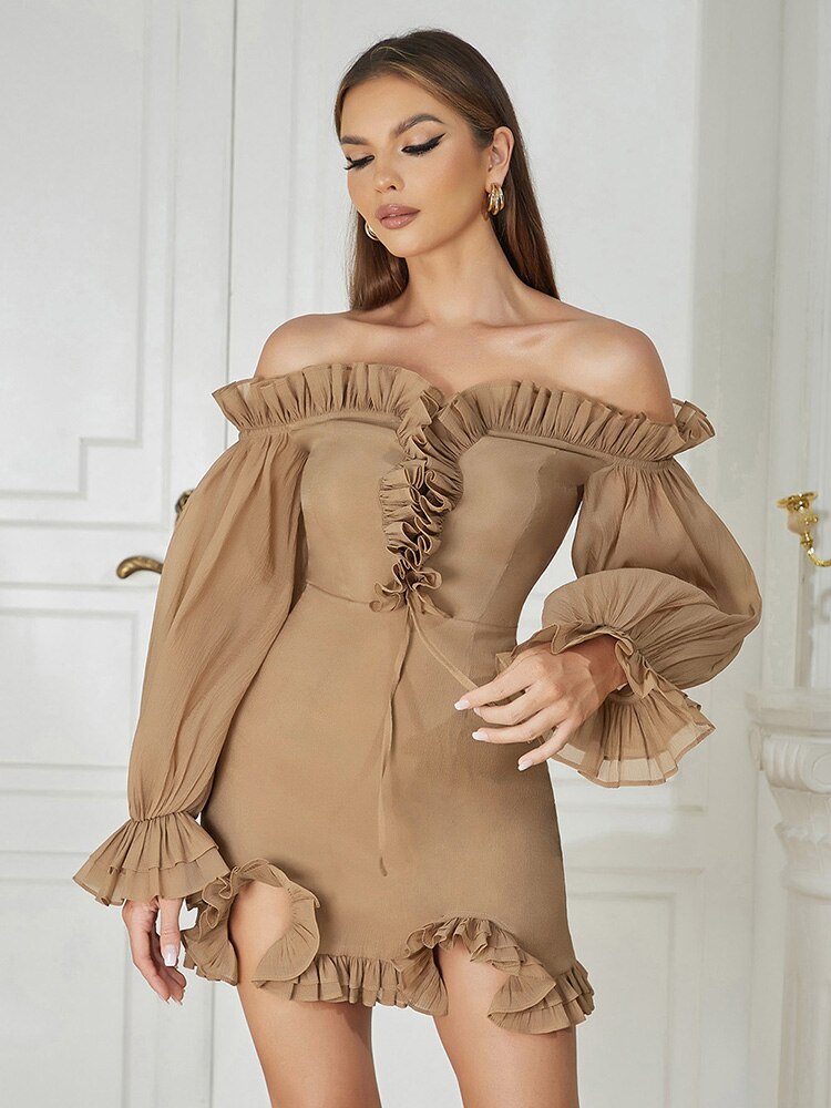 Off Shoulder Slash Neck Puff Sleeve Ruffles Mini Dress