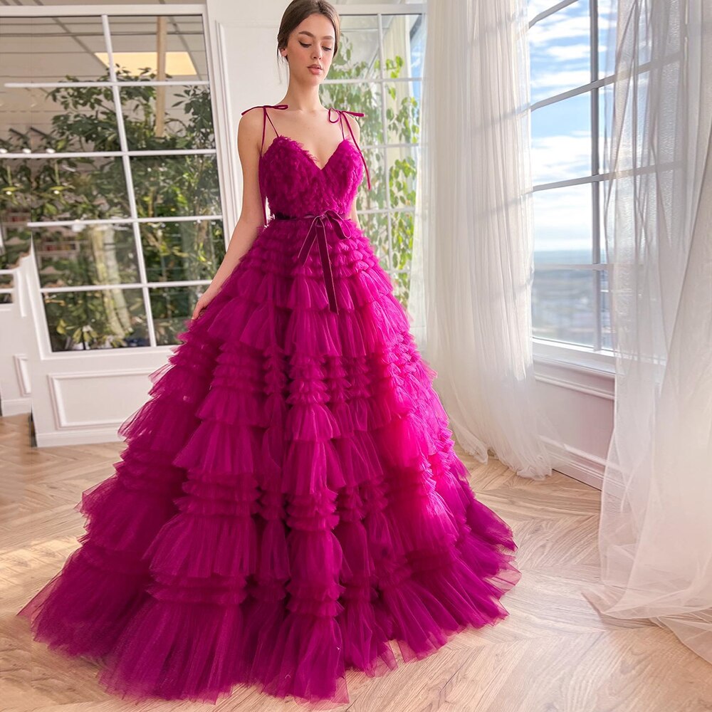 Ruffles Tulle Spaghetti Straps Tiered V-Neck Pleated Prom Dress