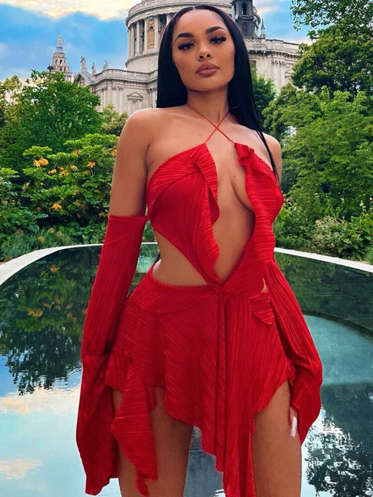 Flare Sleeve Halter Backless Ruffle Asymmetric Red Mini Dress