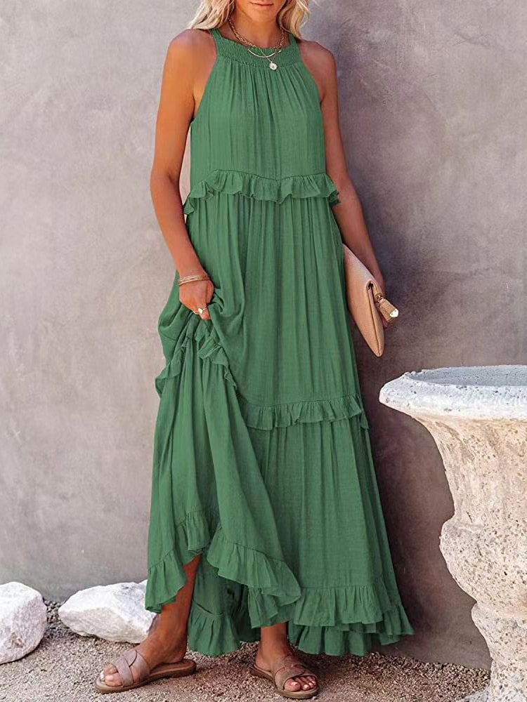 Solid Loose Short Sleeve Ruffle Maxi Dress