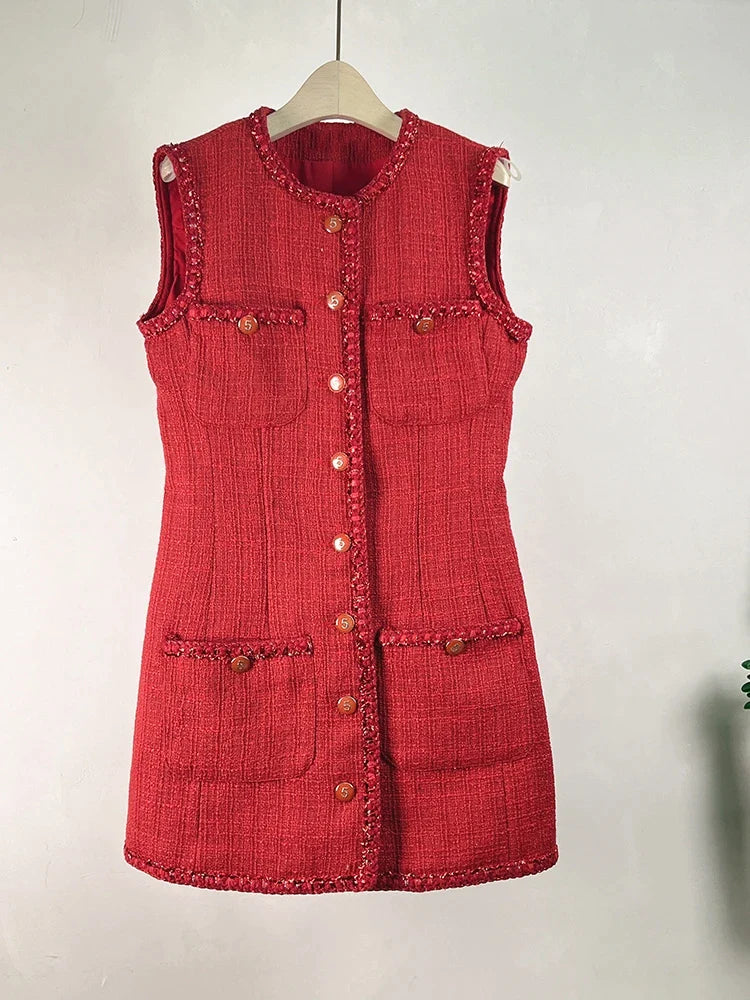 Tweed Vest Dress Letter Buttons Four Pockets Short Red Dress