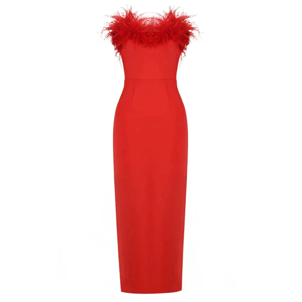 Strapless Backless Red Feather Evening Maxi Dress