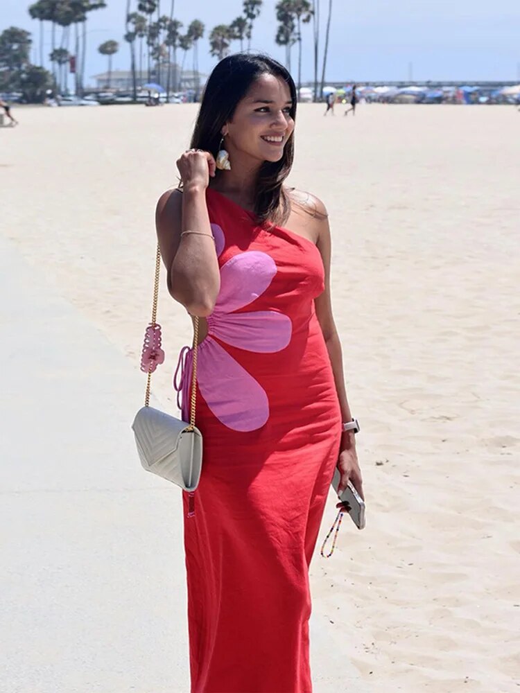 Slash Collar Backless Off Shoulder Hollow Out Red Maxi Dress