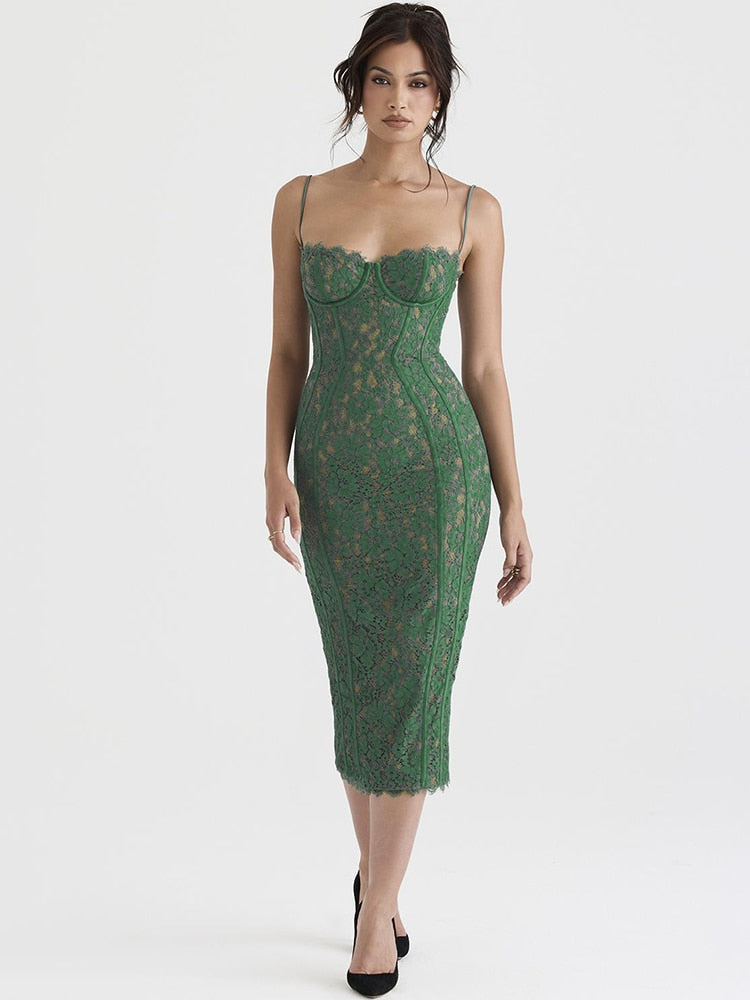 Green Lace Cupped Bodycon Midi Dress