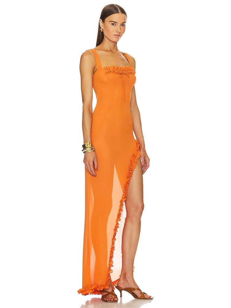 Sleeveless Sheer Ruffled Straps Orange Irregular Maxi Dress