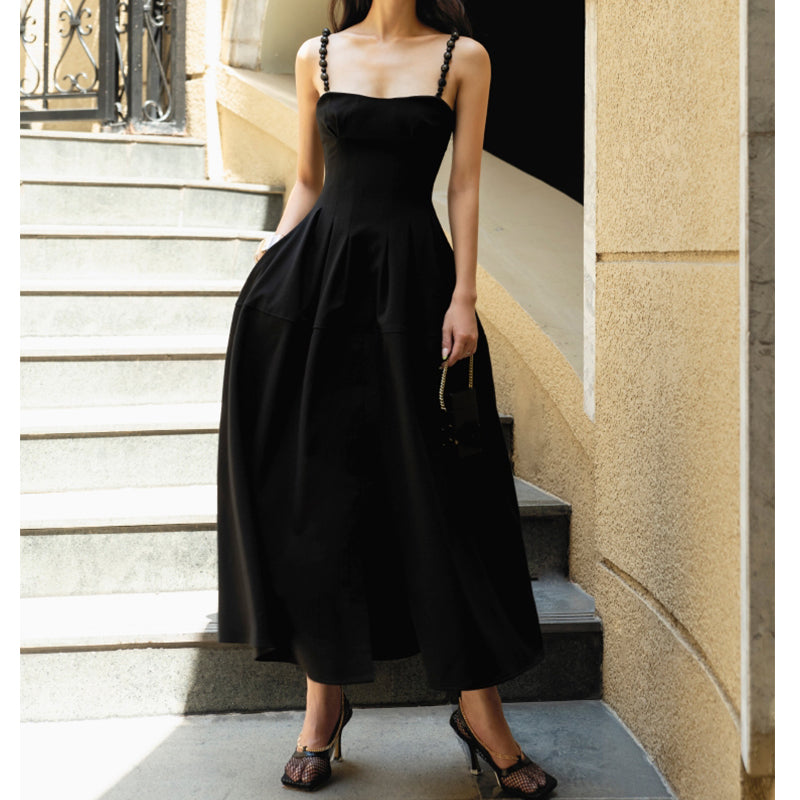 Sleeveless Spaghetti Strap Black Midi Dress