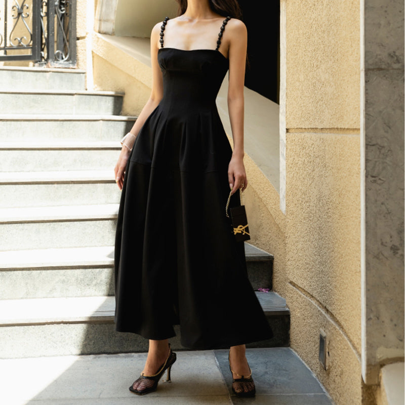 Sleeveless Spaghetti Strap Black Midi Dress