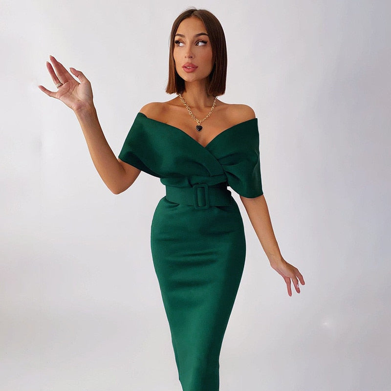 Solid V-neck Off the Shoulder Midi Dress