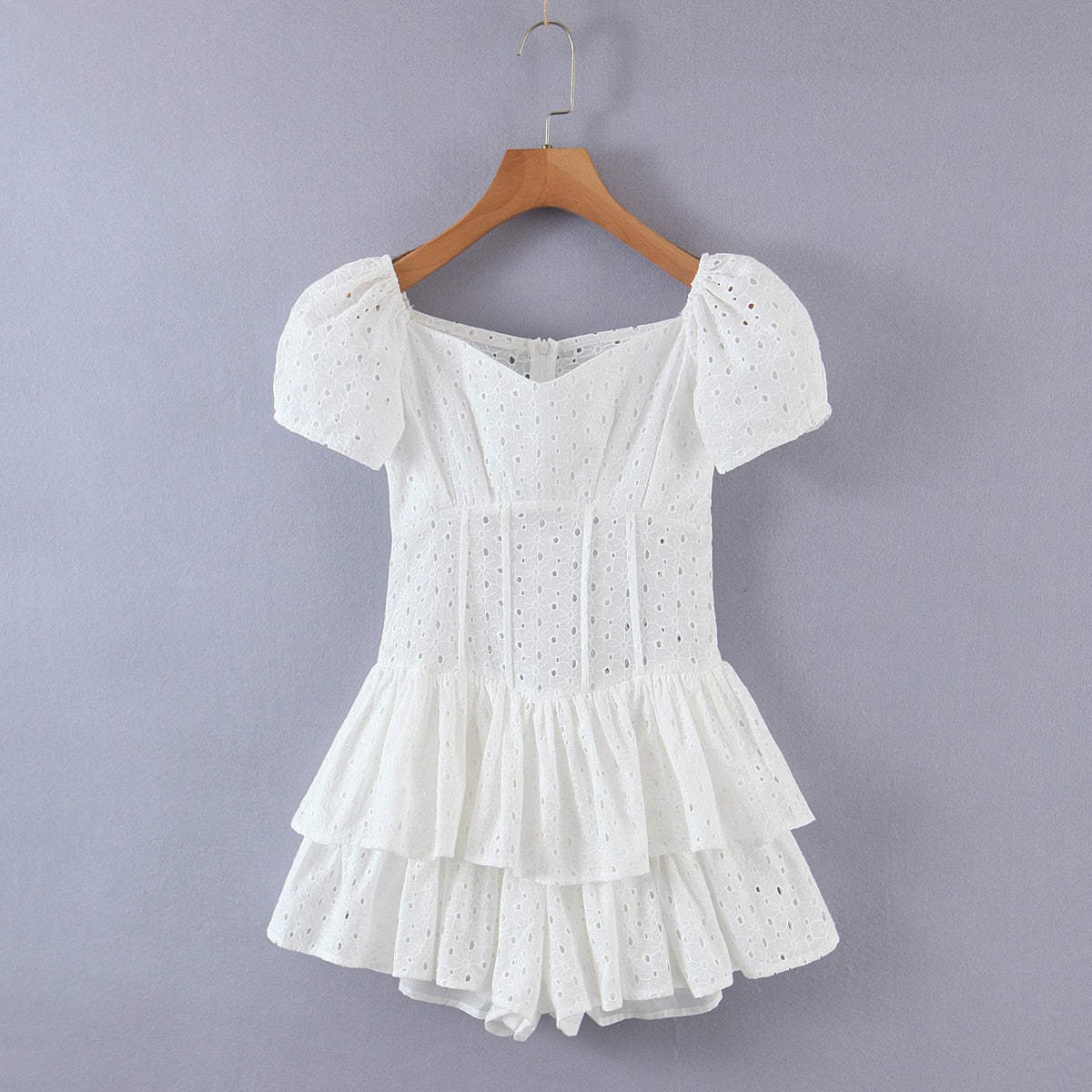 White Puff Sleeve two layers Ruffle Romper