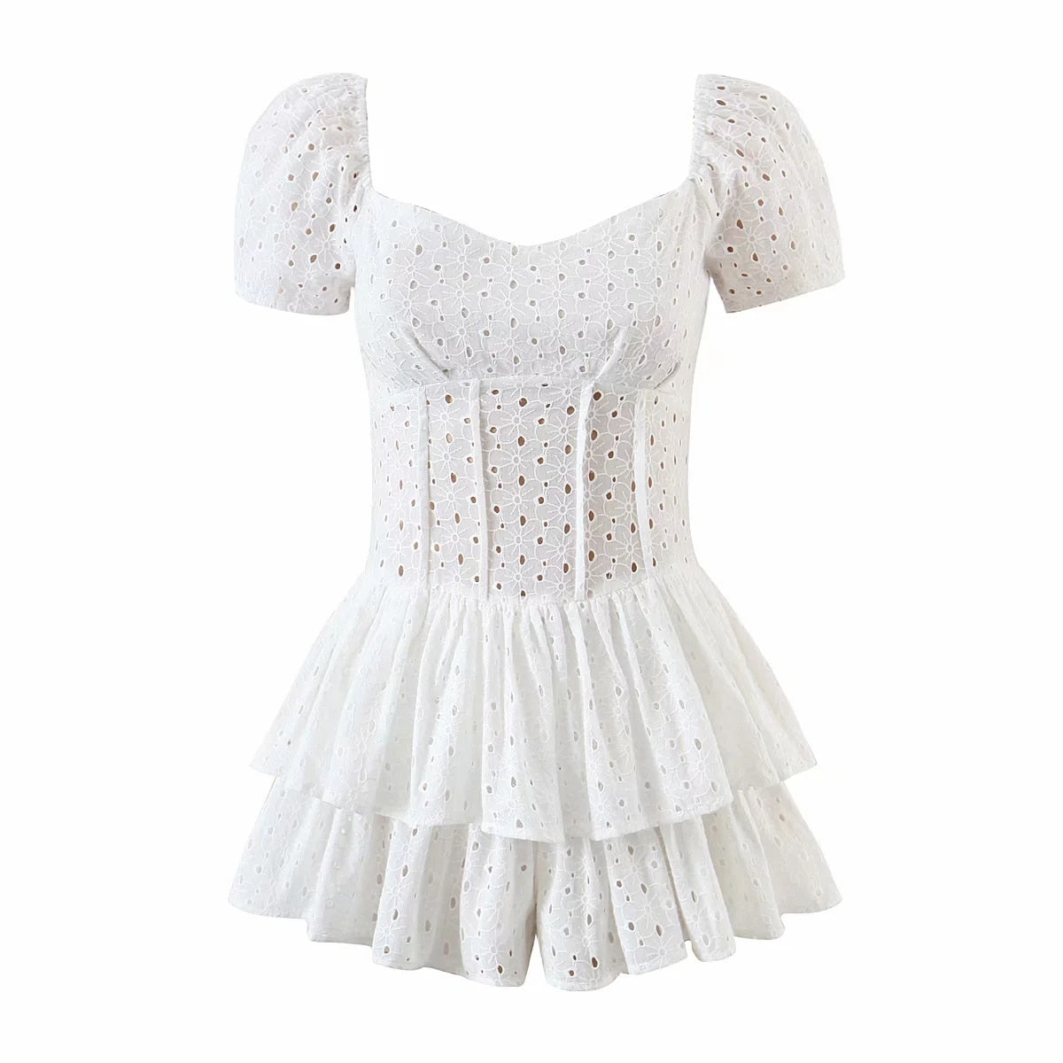 White Puff Sleeve two layers Ruffle Romper