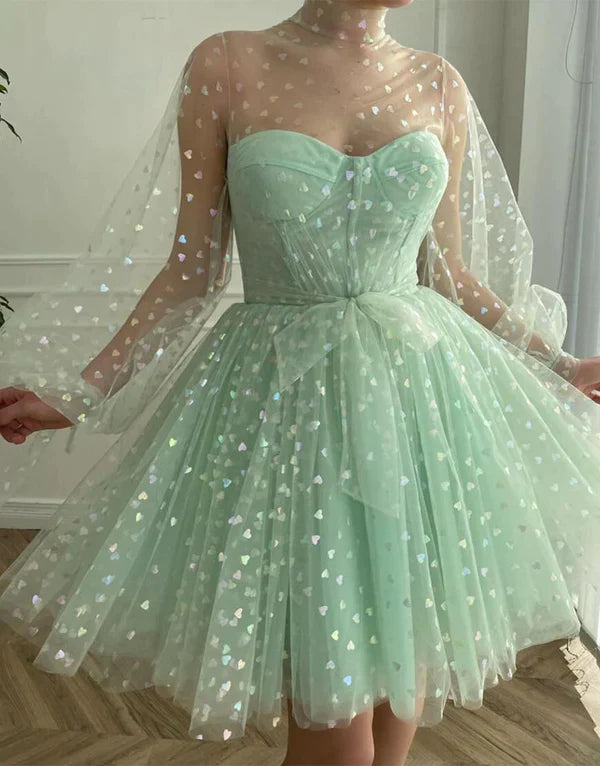 Tulle Puff Long Sleeves High Neck Ball Gown Prom Dress With Bow