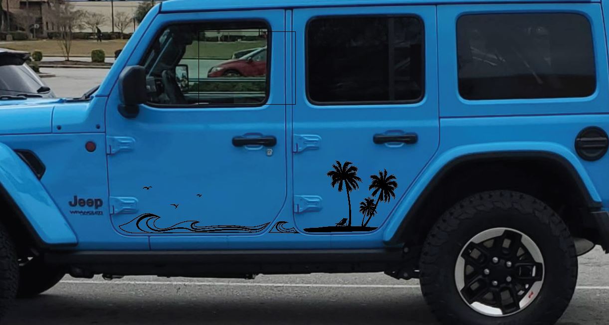 Jeep Side Palm Tree Beach Wave Decals-Hawaiian, California, Florida- F –  L&B Designworks