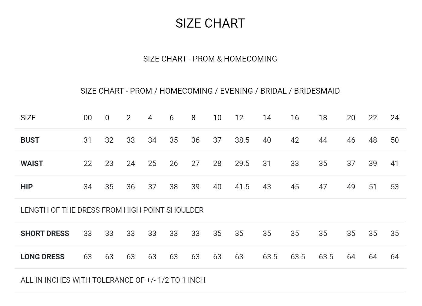 Primavera Size Chart