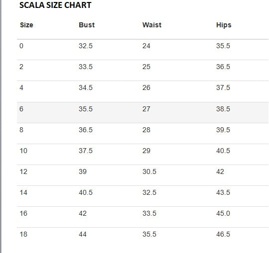 Scala Size Chart – Sentani Boutique