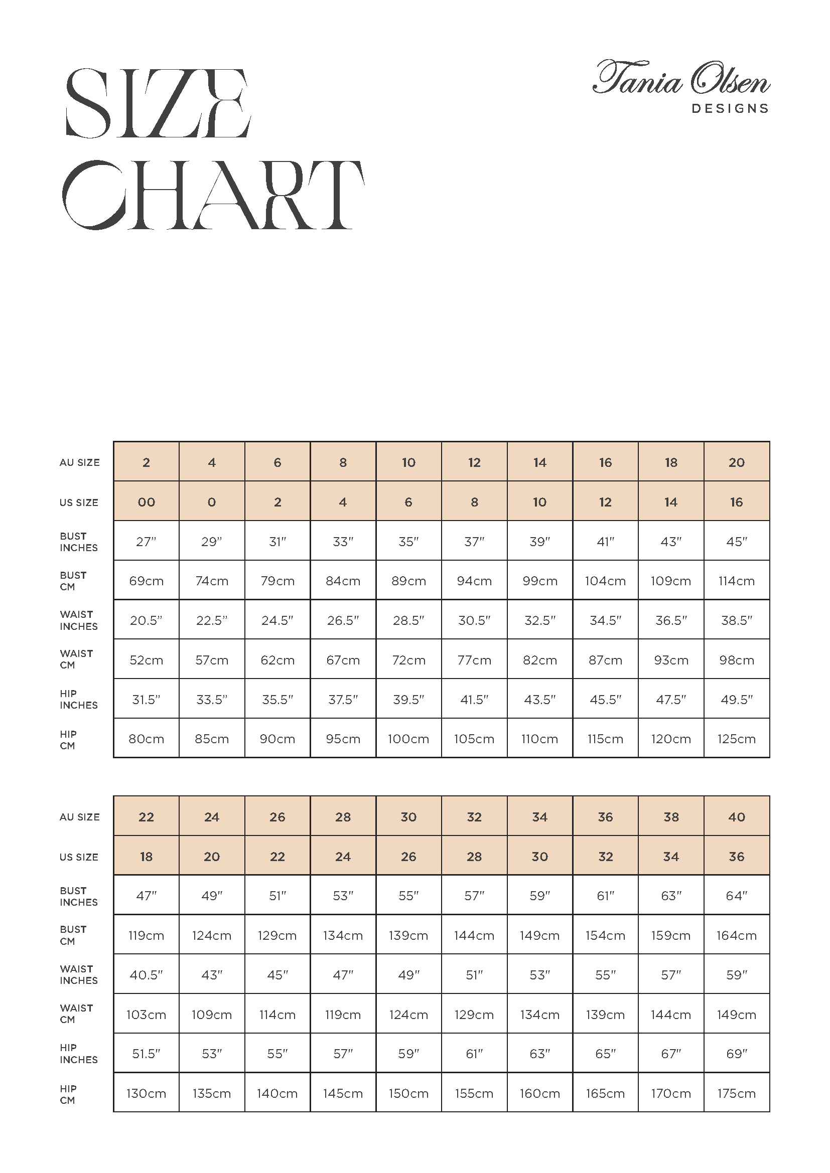 Tania Olsen Designs size chart