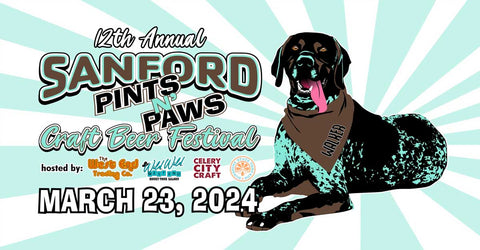 Sanford Pints n Paws craft beer festival March 23,2024. Photo is a dog with a bandana and name Walker