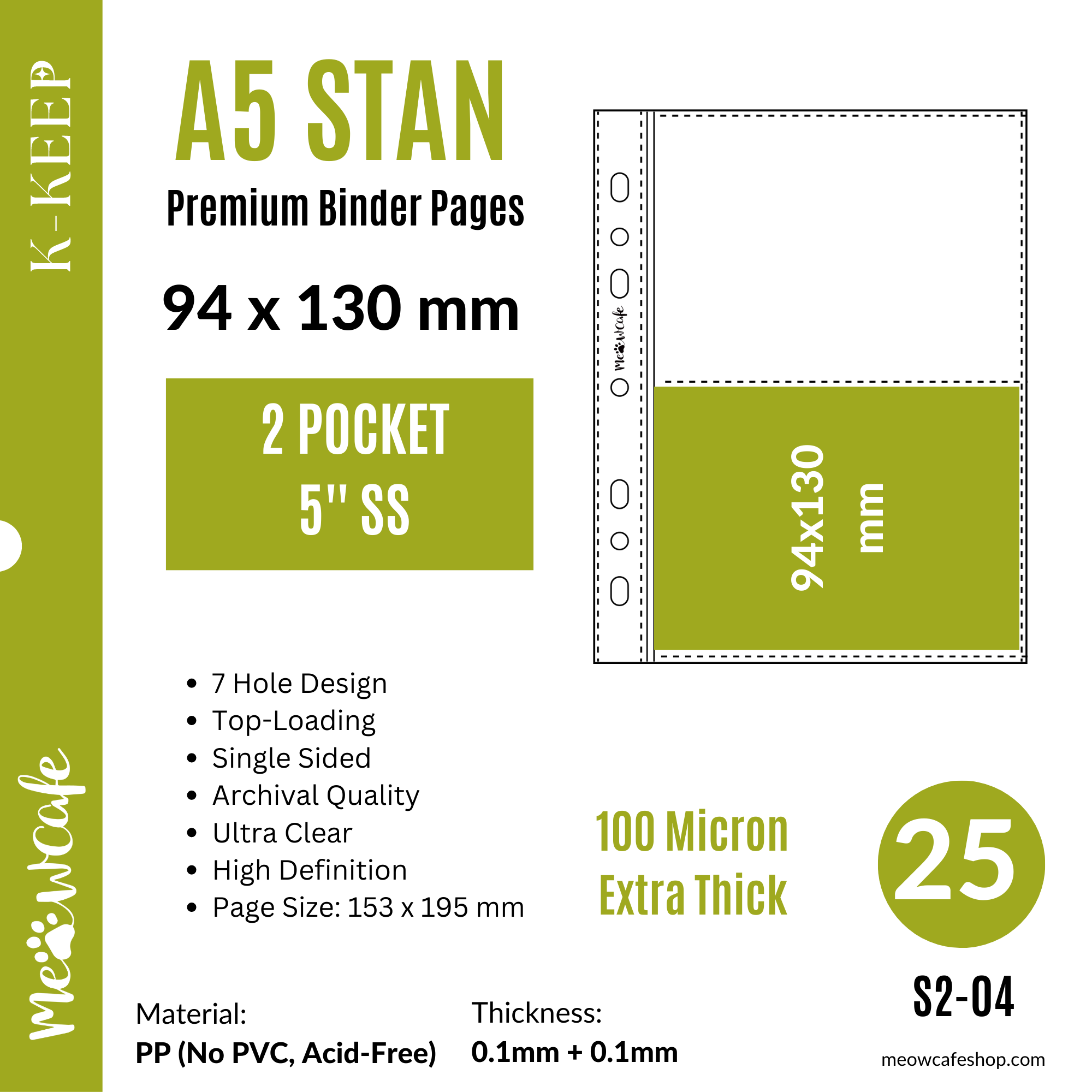 [40% OFF B Grade Final Stock, No Restock] K-KEEP [A5 Standard] - 2 Pocket 5 inch (94x130mm)  - 7 Holes Premium Binder Pages, 100 Micron Thick, High Definition (Pack of 25) - S2-04