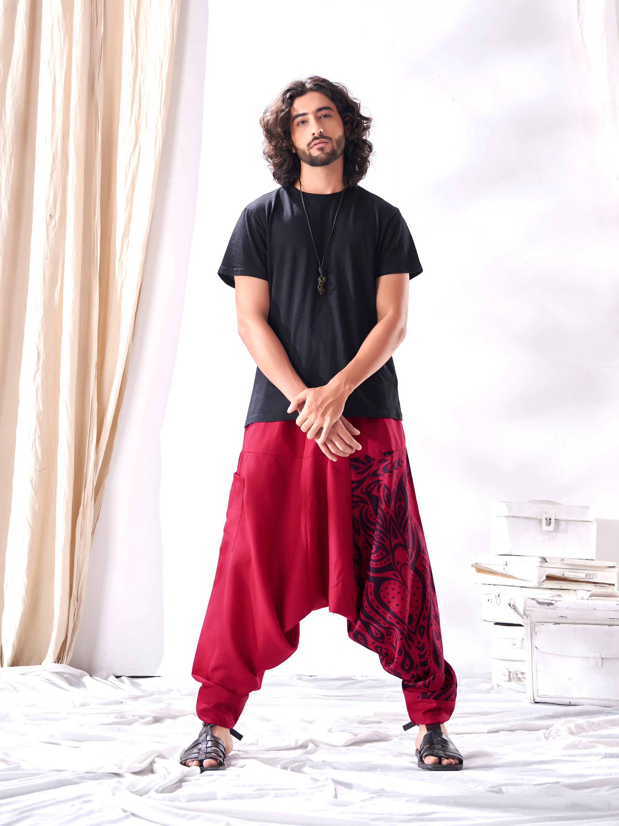 The Veshti Company Mens Premium Low Crotch Loose Baggy Printed Yoga Cotton Harem  Pants Orange  Tribal