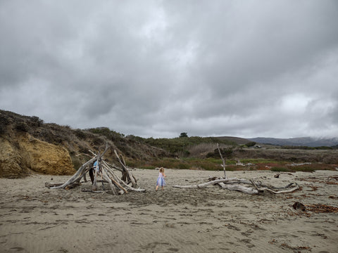 Building a beach driftwood fort on Arroyo Laguna Beach in San Simeon, California's central coast 