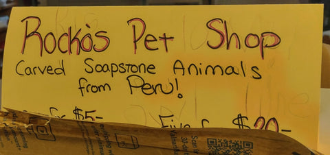 Rocko's soapstone pet shop sign for Arroyo Grande's Art in the Park, San Luis Obispo county, California's central coast 