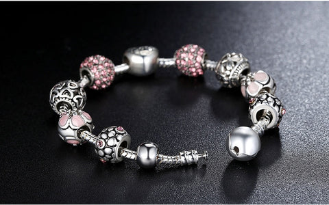 BAMOER Silver Plated Charm Bracelet & Bangle with Love and Flower Beads