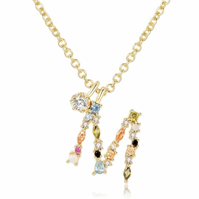 S925 Sterling Silver Necklace 14K Gold Plated Dainty Colourful Rhinestones 26 Letter