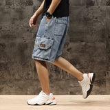Men Denim Shorts Streetwear Elastic Waist Breeches Male Big Pocket Casual