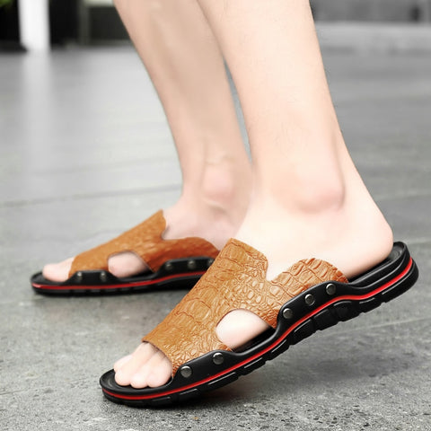 Genuine Leather Slippers Men Summer Sandals Breathable