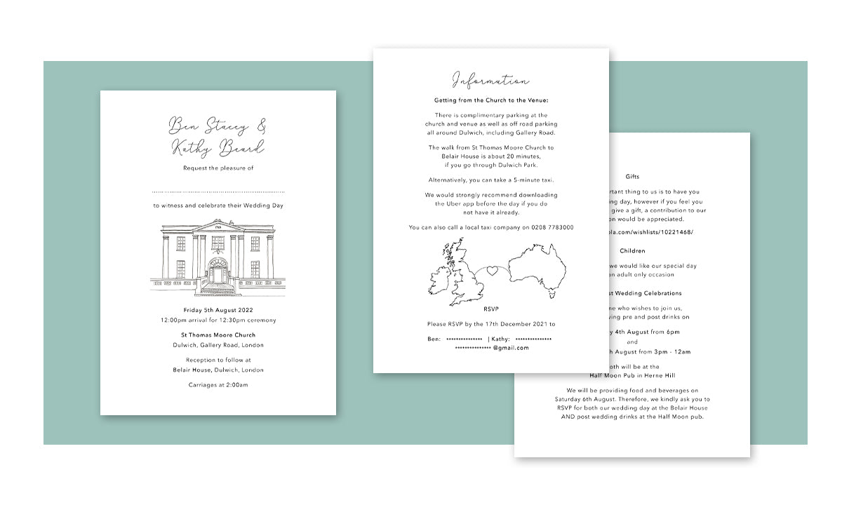 Wedding Invitation and Information card design, double-sided showing all the information included