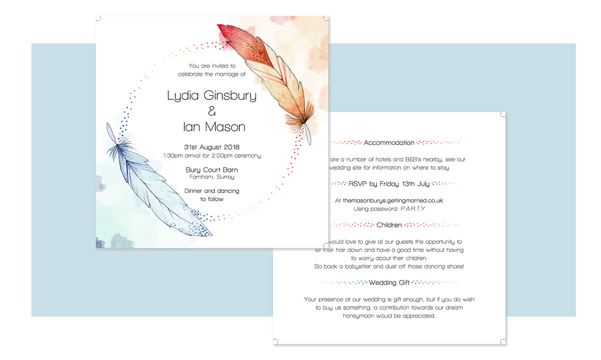 Illustrated Wedding Invitation design showing the main body of information couples include for their guests