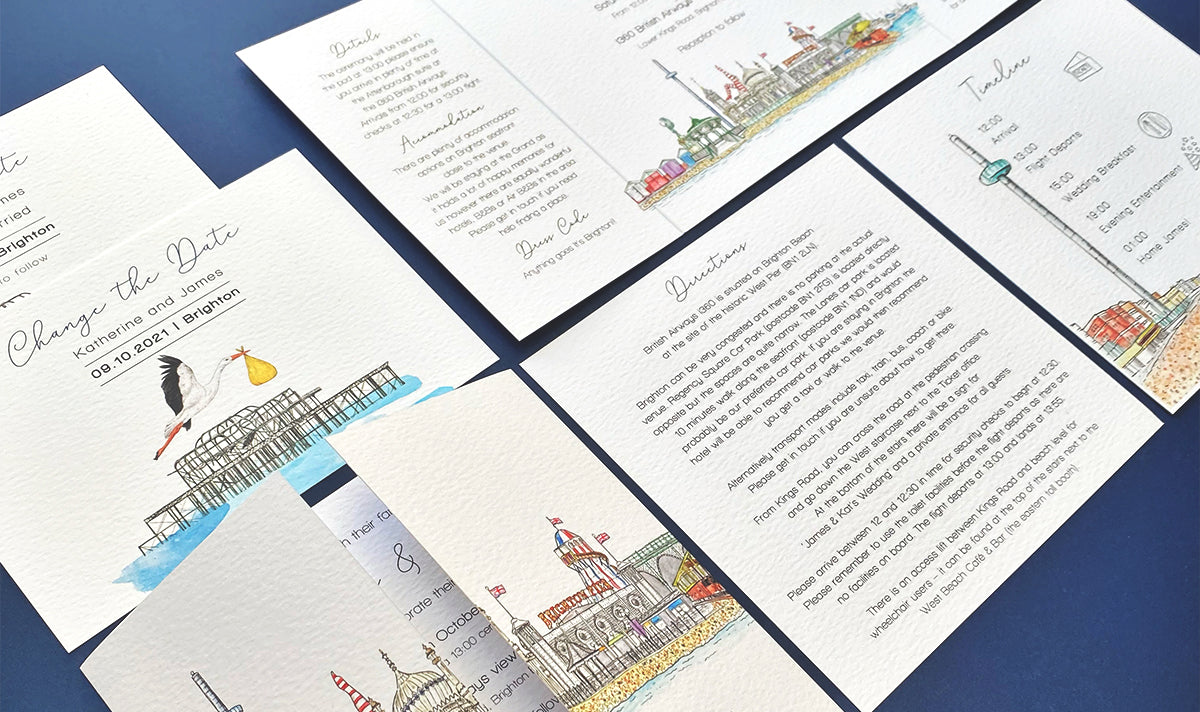 An example of a Brighton themed wedding stationery design with a lot of information included for guests