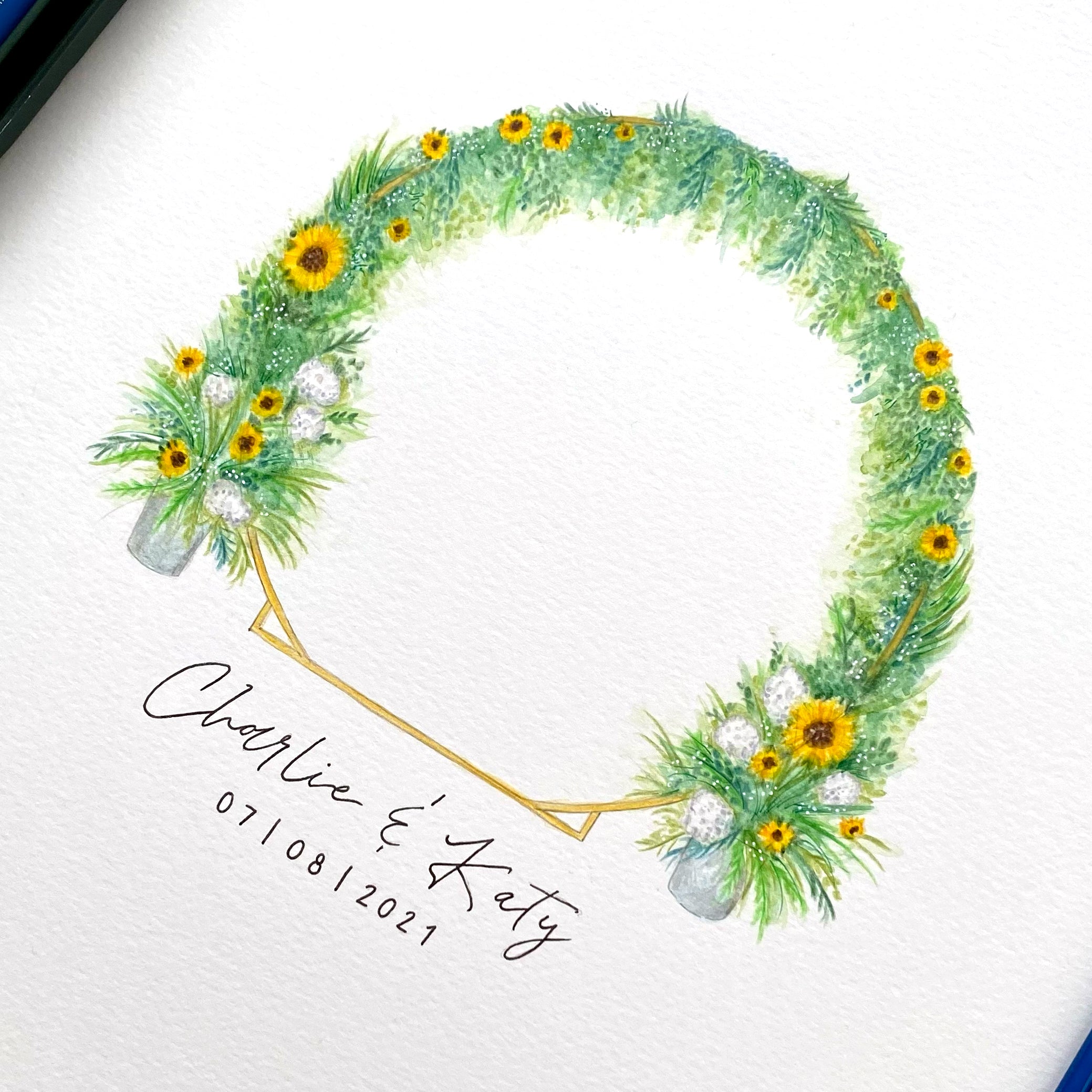 Sunflower Arch Wedding Gift illustration - Wedding flower arch in fine liner, watercolour and pencil