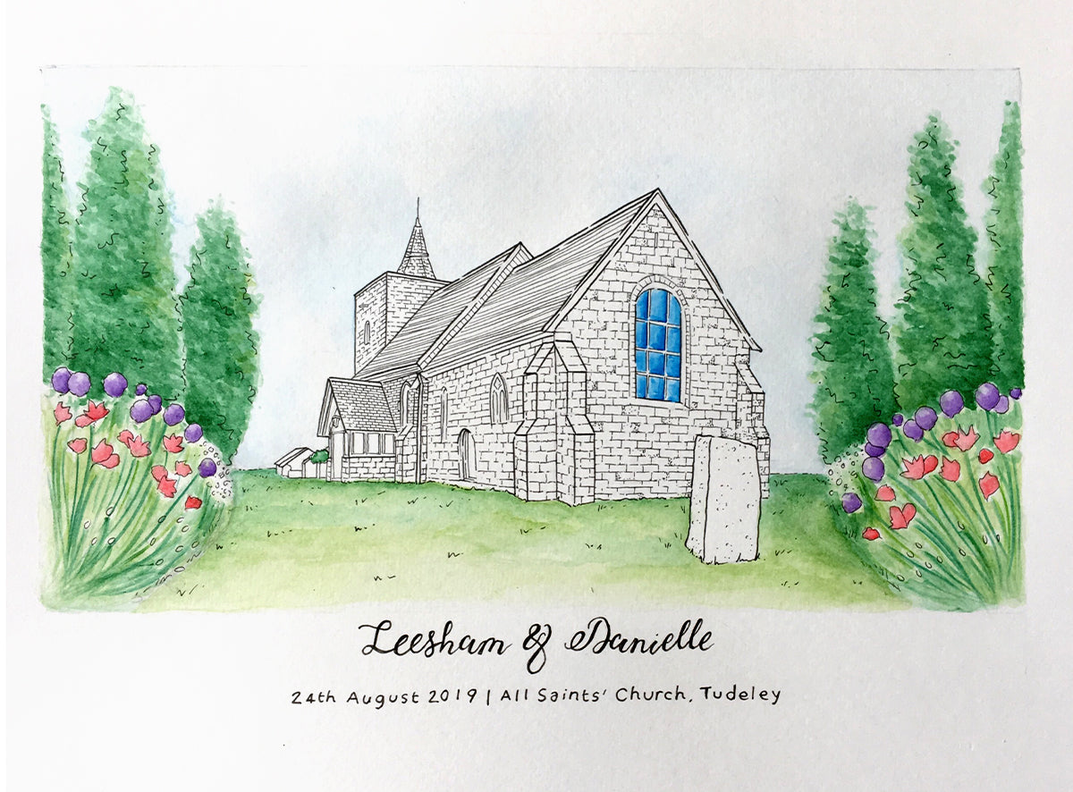 Wedding Gift illustration - church with stained-glass window and flower beds