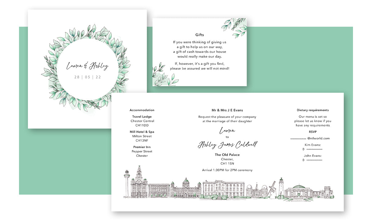 Illustrated gate-fold wedding invitation design and the information the couple included for their guests