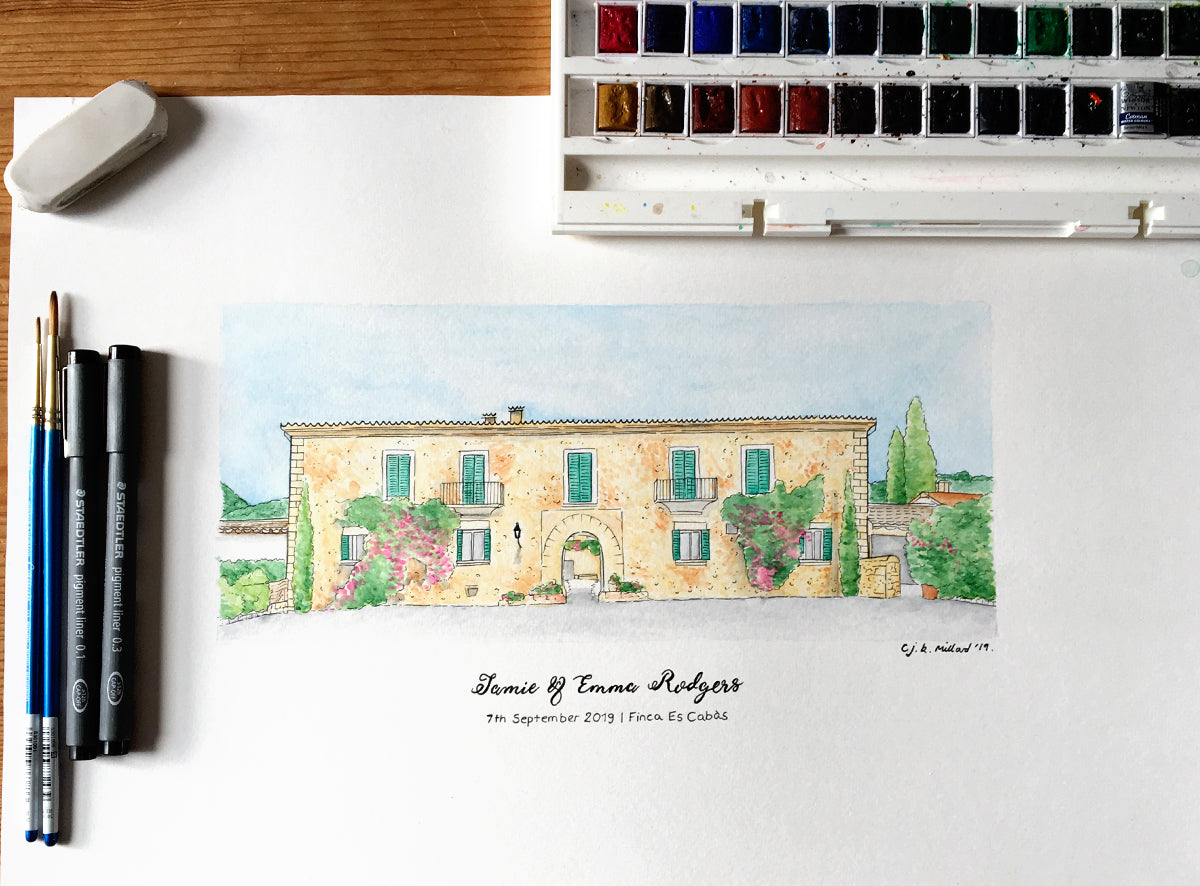 Wedding Venue illustration in fine liner and watercolour paints 