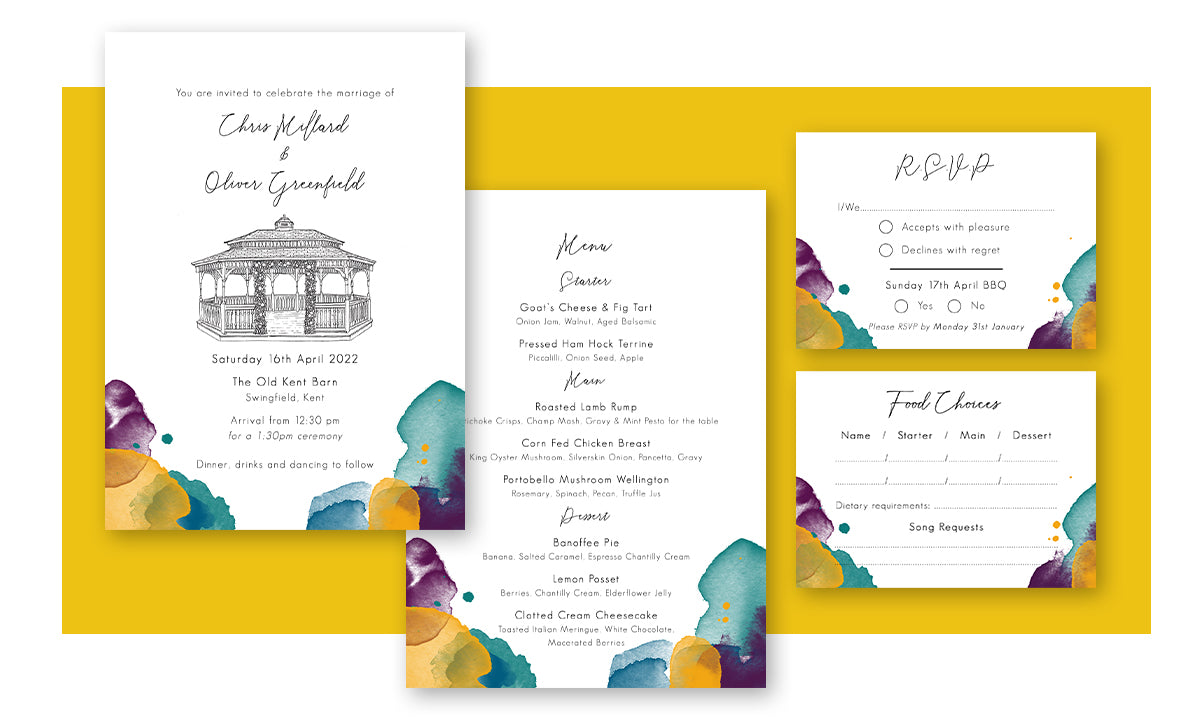 Wedding Invitation design, showing the front, menu and the RSVP card with all the information guests need to return