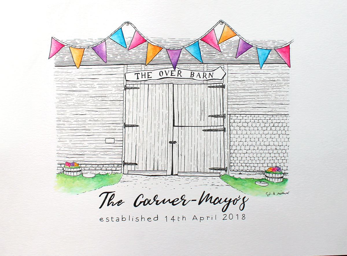 The Over Barn, wedding venue gift illustration in fine liner and watercolours 