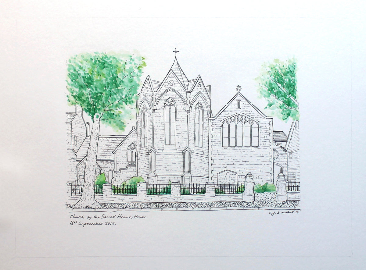 Sacred Heart Church in Hove - fine liner illustration with pops of colour for the trees and grass