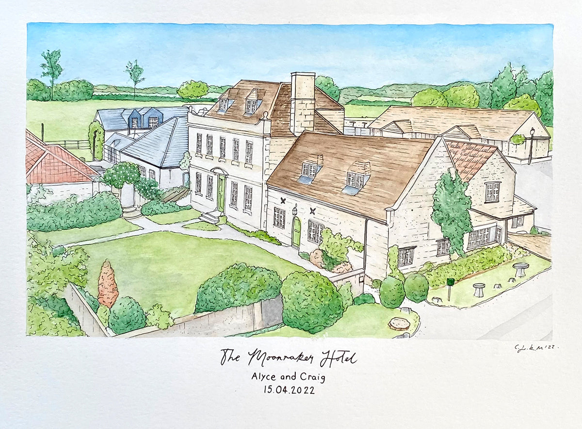 Illustration of the Mooraker Hotel, drawn using fine liner and watercolours