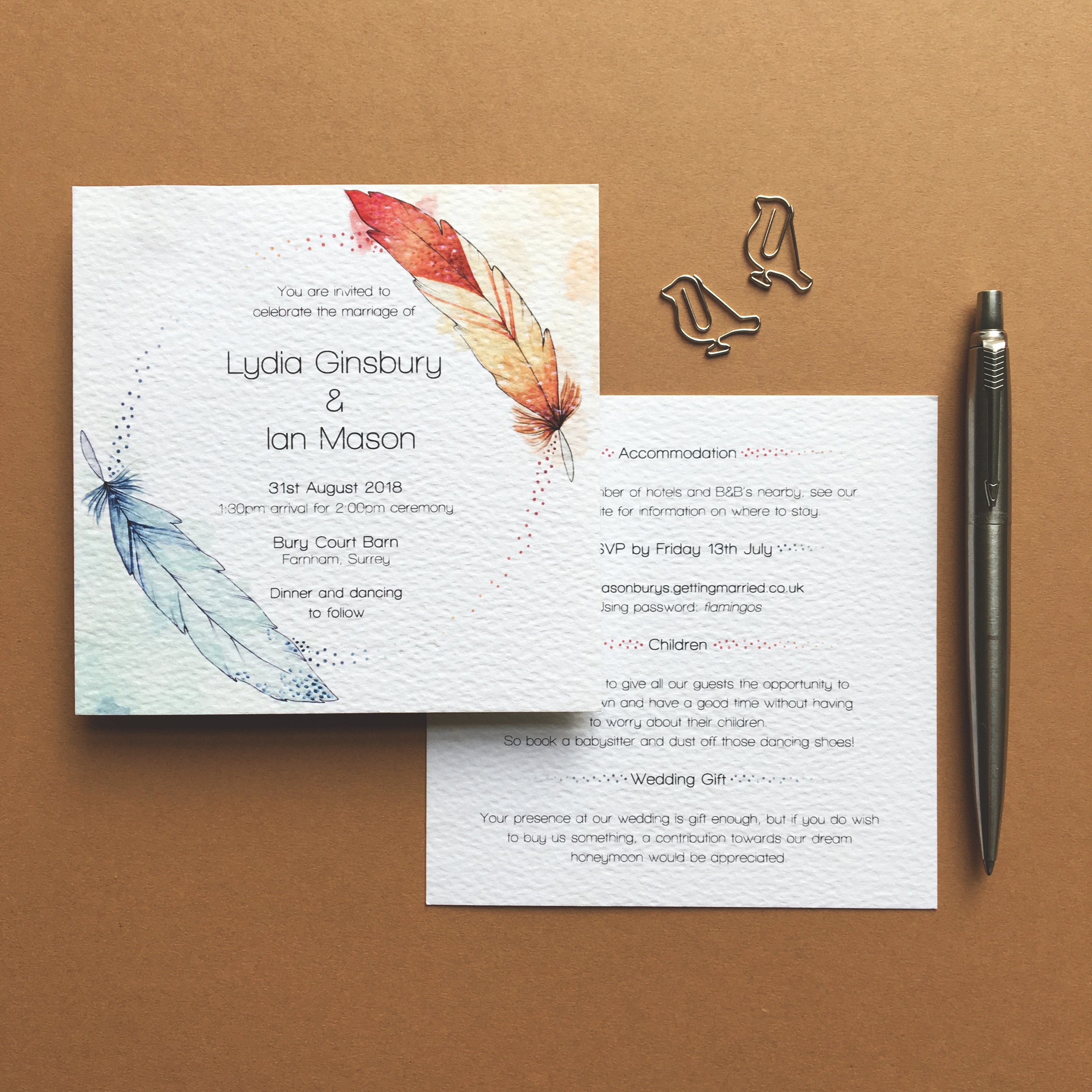 Bird themed two sheet wedding invitation featuring original feather illustrations and held together with a bird shaped paperclip.